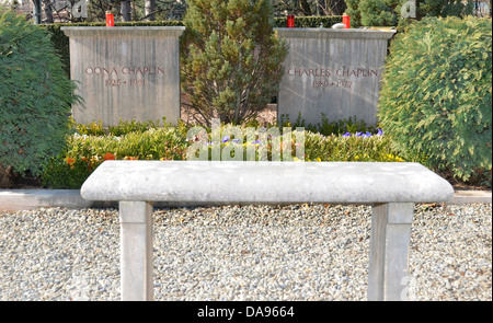 The final resting place of Charlie Chaplin and his wife Oona at a small village cemetry near the town of Vevey, Switzerland Stock Photo