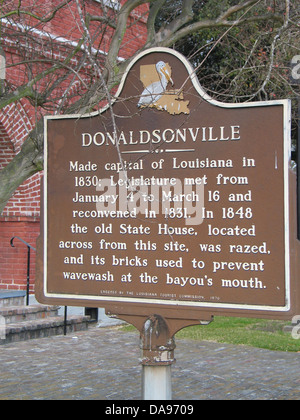 DONALDSONVILLE Made capital of Louisiana in 1830; Legislature met from January 4 to March 16 and reconvened in 1831. In 1848 the old State House, located across from this site, was razed, and its bricks used to prevent wavewash at the bayou's mouth. Erected by the Louisiana Tourist Commission, 1970. Stock Photo