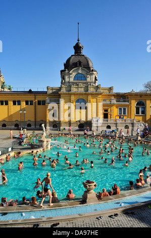 EU, Gyozo Czigler, Szechenyi Baths, Szechenyi Gyogyfürdo, Varosliget, Architecture, Blue Sky, Budapest, Budapesti, Central Europ Stock Photo