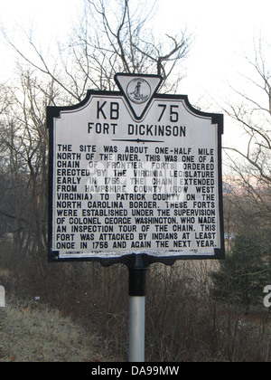 FORT DICKINSON The site was about one-half mile N of the river. This was one of a chain of frontier forts ordered erected by the Virginia legislature early in 1756. The chain extended from Hampshire County (now West Virginia) to Patrick County on the North Carolina border. These forts were established under the supervision of Colonel George Washington, who made an inspection tour of the chain. This Fort was attacked by Indians at least once in 1756 and again the next year. Virginia State LIbrary, 1951 Stock Photo