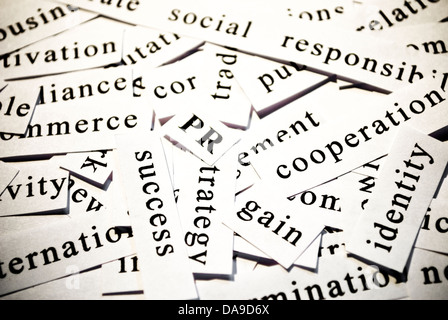 PR or public relations. Concept of cut-out words related with business activity. Stock Photo