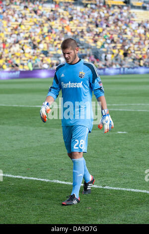 Columbus, OH, USA. 7th July, 2013. July 07, 2013: Columbus Crew goalkeeper Matt Lampson (28) during the Major League Soccer match between the Portland Timbers and the Columbus Crew at Columbus Crew Stadium in Columbus, OH. The Columbus Crew defeated the Portland Timbers 1-0. Credit:  csm/Alamy Live News Stock Photo