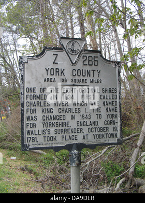 YORK COUNTY Area 136 Square Miles One of the eight original shired from in 1634. First called Charles River, which was named for King Charles I. The name was changed in 1643 to York for Yorkshire, England. Cornwallis's surrender, October 19, 1781, took place at Yorktown. Virginia Conservation Commission, 1946. Stock Photo