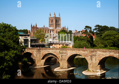 Hereford Cathedral & old bridge over the River Wye, UK. Stock Photo