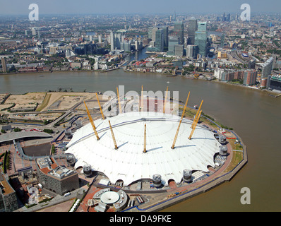 aerial view of the O2 Arena, Millennium Dome, London with Canary Wharf in the background Stock Photo