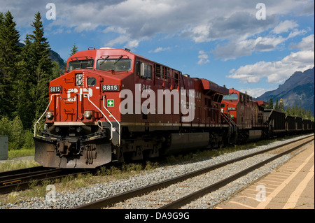 Canadian Pacific Freight Train sitting in Banff Station, Alberta, Canada Stock Photo