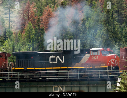 Canadian National Locomotive 2628 on a bridge just outside of Jasper Stock Photo