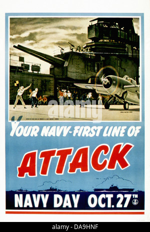 World War II, Second World War, world war, war, poster, Propagana, propaganda poster, USA, American, aircraft carrier, cannons, Stock Photo