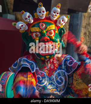 Paris, Fra-nce, Tibetan Monk in Traditional Mask, Performing Ritual Black Hat Dance, Buddhist Ceremony, Pagoda Temple, tibet people Stock Photo