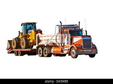 Rock hauler end-dump with a front loader on a trailer. Isolated on a white background Stock Photo