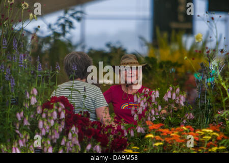 London, UK. 8th July, 2013. Two women admiring the displays in the Floral Marquee at RHS Hampton Court Palace Flower Show. Credit:  martyn wheatley/Alamy Live News Stock Photo