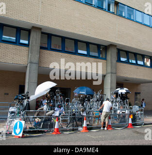 The media from across the world mark their spots in front of the Lindo Wing at St. Mary's Hospital, Paddington, London, UK on 8th July 2013 in anticipation of the birth of the Royal baby.The first child of the Duke and Duchess of Cambridge, Prince George of Cambridge (George Alexander Louis) was born on 22 July and made his first public appearance at the Lindo Wing doors. Stock Photo