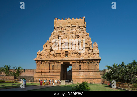 India, South India, Asia, Tamil Nadu, Thanjavur, Tanjor, Sri Brihadeshwara, Temple, World Heritage, main entrance, art, Dravidia Stock Photo