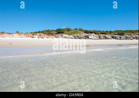 The lighthouse in view, the sandy eastern beach is the swimming beach at Cape Leveque, Dampier Peninsula, Kimberley, Australia Stock Photo