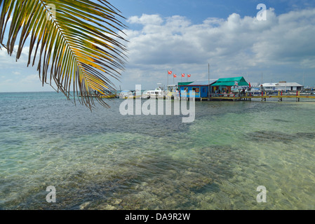 San Pedro, Central America, Belize, Ambergris, Caye, cays, Caribbean, island, pier, tropical, sea Stock Photo
