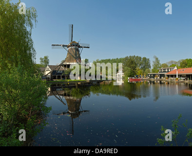 Netherlands, Holland, Europe, Leiden, Woodcutting, windmill, Herdsman, water, trees, spring, reflection, Stock Photo