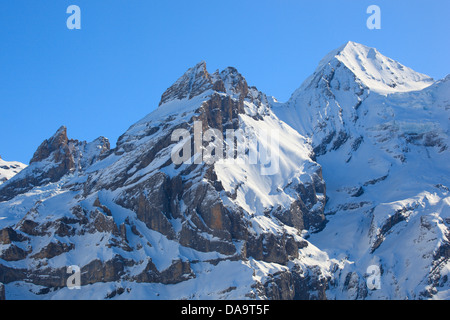 Alps, Alpine, panorama, view, mountain, mountains, massif, Bern, Bernese Alps, Bernese Oberland, Blüemlisalp Rothorn, Blüemlisal Stock Photo