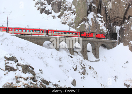 Railway, detail, railroad, rock, rock wall, locomotive, engine, Matterhorn Gotthard, Railway, snow, Switzerland, Europe, Schölle Stock Photo