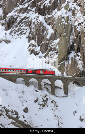 Railway, detail, railroad, rock, rock wall, locomotive, engine, Matterhorn Gotthard, Railway, snow, Switzerland, Europe, Schölle Stock Photo