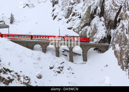 Railway, detail, railroad, rock, rock wall, locomotive, engine, Matterhorn Gotthard, Railway, snow, Switzerland, Europe, Schölle Stock Photo