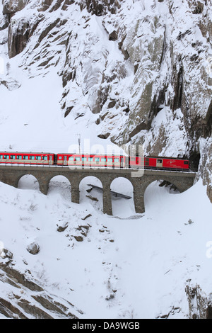 Railway, detail, railroad, rock, rock wall, locomotive, engine, Matterhorn Gotthard, Railway, snow, Switzerland, Europe, Schölle Stock Photo