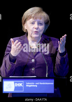 Federal Chancellor Angela Merkel (CDU) gives an address for the New Year's reception at the Chambers of Commerce and Industry in Magdeburg, Germany, 05 January 2011. The Chancellor was the keynote speaker at the reception. Photo: JENS WOLF Stock Photo