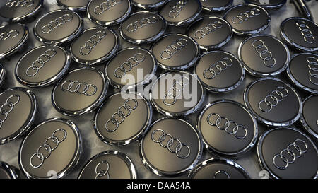 (dpa file) A file picture dated 08 March 2010 of Audi hubcaps in Ingolstadt, Germany. On 06 January 2011, German carmaker Audi reports a record sales. A total of 1.092 million cars were sold in 2010, a plus of some 15 per cent compared to 2009. Photo: Stefan Puchner Stock Photo