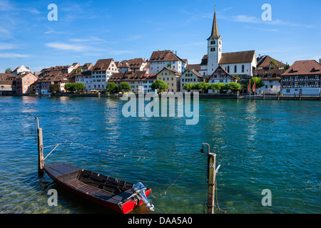 Diessenhofen, Switzerland, Europe, canton, Thurgau, river, flow, Rhine, town, Old Town, houses, homes, church, boat Stock Photo