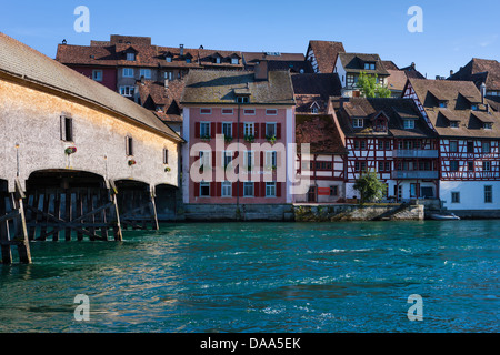 Diessenhofen, Switzerland, Europe, canton, Thurgau, river, flow, Rhine, town, Old Town, houses, homes, bridge, wooden bridge Stock Photo