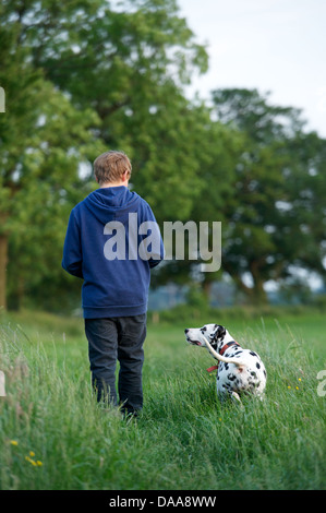 A young boy walks with his pet Dalmatian Dog. Stock Photo