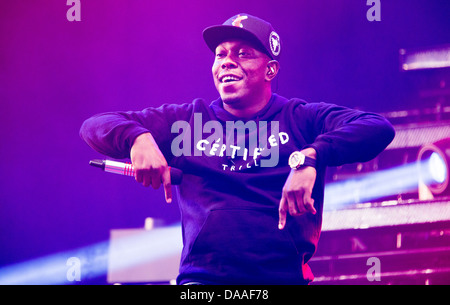 Dizzee Rascal performs on the Pyramid Stage on the Friday of Glastonbury Festival. 28 June 2013 Stock Photo