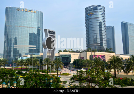 An exterior view of the City of Dreams complex, comprising the Hard Rock Hotel, the Crown Towers hotel and the Grand Hyatt hotel Stock Photo