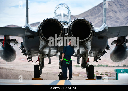 Senior Airman Nicholas Smyth, 4th Aircraft Maintenance Squadron crew chief, Seymour Johnson Air Force Base, N.C., inspects an F-15E Strike Eagle during Green Flag-West 13-5 June 24, 2013, at Nellis Air Force Base, Nev. A typical Green Flag exercise involv Stock Photo