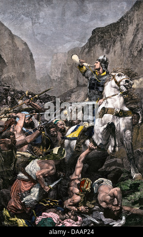 Roland blowing his warhorn in battle against the Saracens at Roncesvalle, 789 AD. Hand-colored woodcut Stock Photo