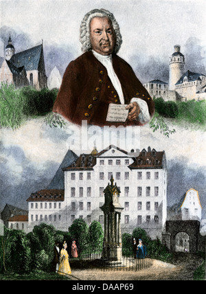 Composer Johann Sebastian Bach, with Thomas Church (upper left), Leipsig Observatory, and Bach Memorial. Hand-colored halftone of an illustration Stock Photo