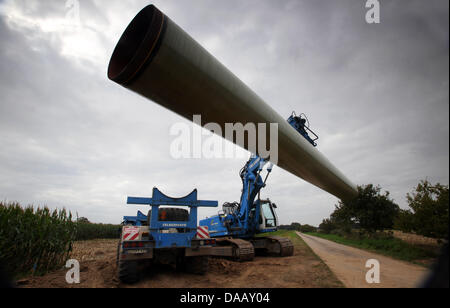 Special-purpose vehicles transport metal pipes for the Northern-European Natural Gas Pipeline ('Nordeuropäische Erdgasleitung', NEL) on 21 September 2011 near Lauenburg, Germany. The pipe segmenst are supposed to be welded together to form a pipe more than 1000 metres long which will then be passed beneath the bed of the river Elbe in a complex process. The pipeline is scheduled to Stock Photo