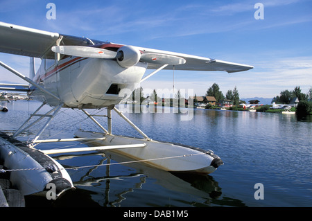 Lake Hood, Seaplane, Hub, Anchorage, Alaska, USA, plane, water, sunshine, bay, fly, aerial, floatplane, prop, propeller Stock Photo