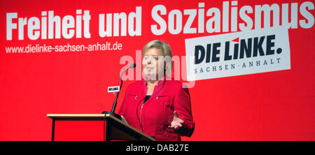 Gesine Loetzsch, federal president of The Left party, speaks at the state party conference in Saxony-Anhalt in Madgeburg, Germany, 24 September 2011. The Left party is electing a new state executive board in Saxony-Anhalt today. Sole candidate for the top position is the current party leader Matthias Hoehn. A further topic of the two-day conference is the debate about the party pro Stock Photo