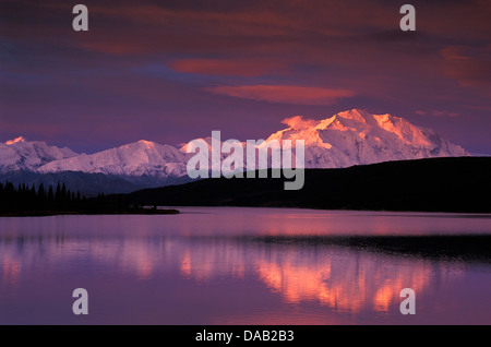 Mount McKinley, Denali, Wonder Lake, Denali, National Park, Preserve, Alaska, USA, sunset, colorful sky, reflection, calm, relax Stock Photo