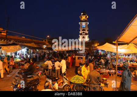 Sardar market, market, clock tower, clock, watch, sell, people, Jodhpur, blue town, city, blue hour, Night shot, India, Asia, Ra Stock Photo