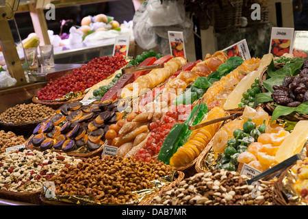 Candied fruits and nuts for sale at La Boqueria Market - Barcelona, Catalonia, Spain Stock Photo