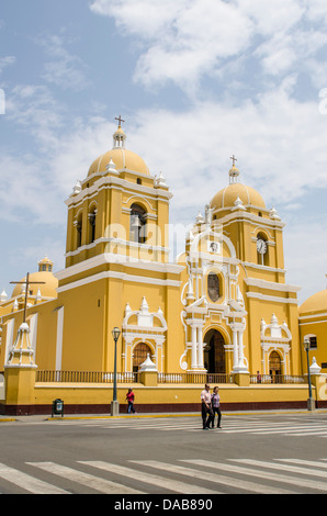 The 17th century steeple and bell tower of the Cathedral of Trujillo catholic church, Trujillo, Peru. Stock Photo
