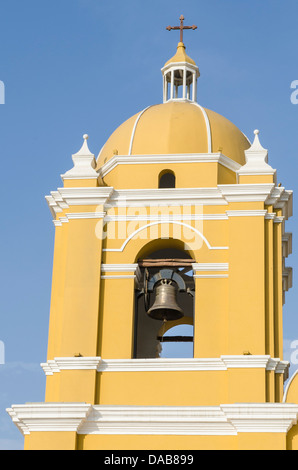 The 17th century steeple and bell tower of the Cathedral of Trujillo catholic church, Trujillo, Peru. Stock Photo