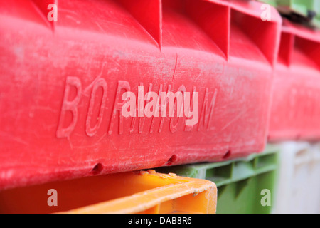 Colorful fish boxes in the port of Snogebaek, Bornholm, Denmark Stock Photo