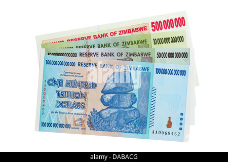 Zimbabwe currency. The high numbers reflect runaway inflation in the country Stock Photo