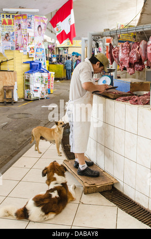 Butcher meat meats shop stand stall shopping in local central market marketplace in Chiclayo, Peru. Stock Photo