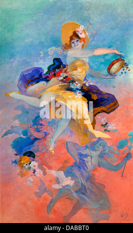 19th century Belle Epoque titled Dancer with a Basque Tambourine (Danseuse au tambourin basque) by Jules Cheret,  Cherette figure in a yellow dress. Stock Photo