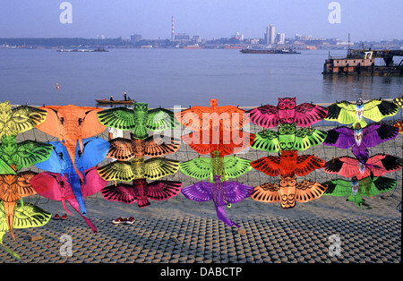 Colorful kites for sale at the riverfront of Yangtze river in the city of Wuhan in Hubei province China Stock Photo