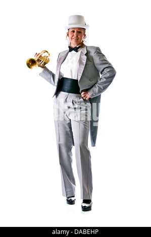 Pretty trumpet player in a top-hat and tuxedo against a pure white background. Stock Photo