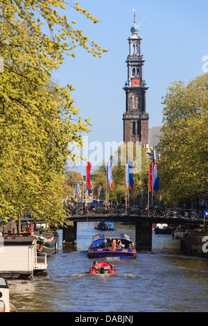 Westerkerk church tower by Prinsengracht Canal, Amsterdam, Netherlands, Europe Stock Photo